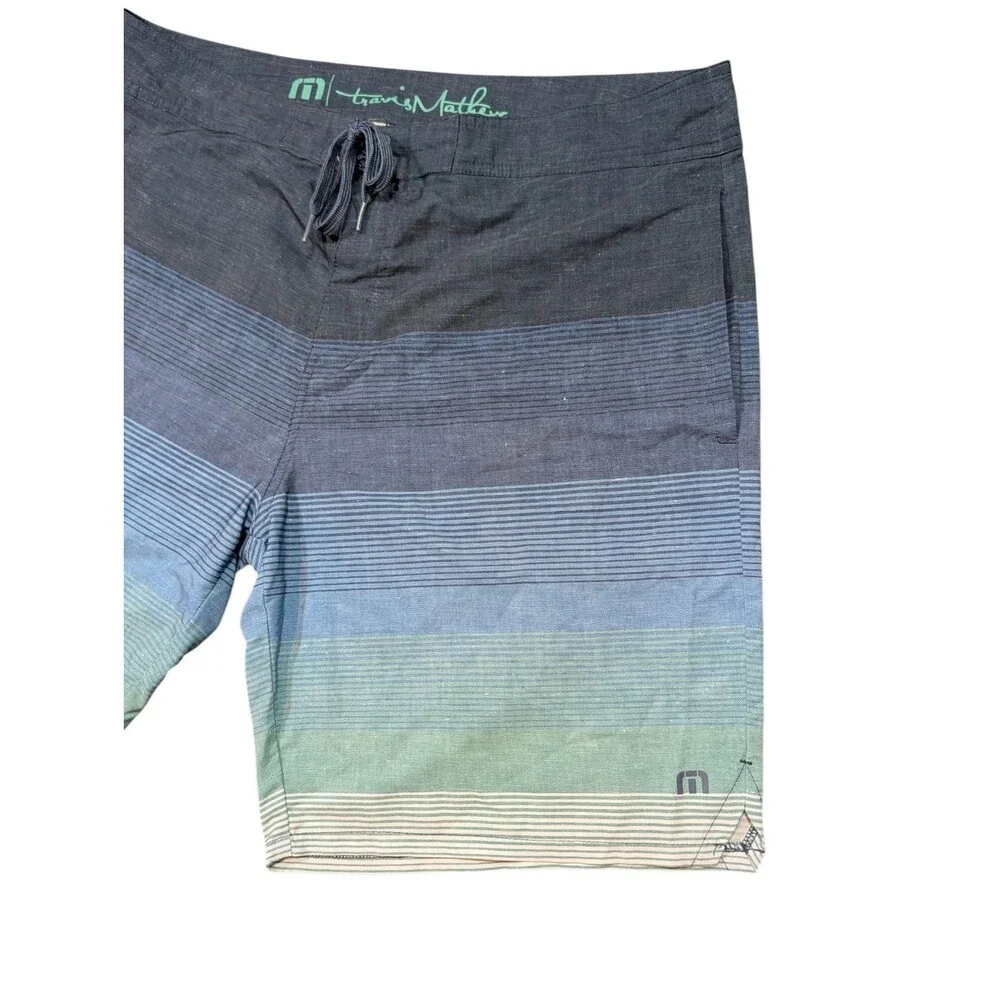 Travis Mathew Mens Striped Board Shorts Blue Green White Size 38 Swim Trunks